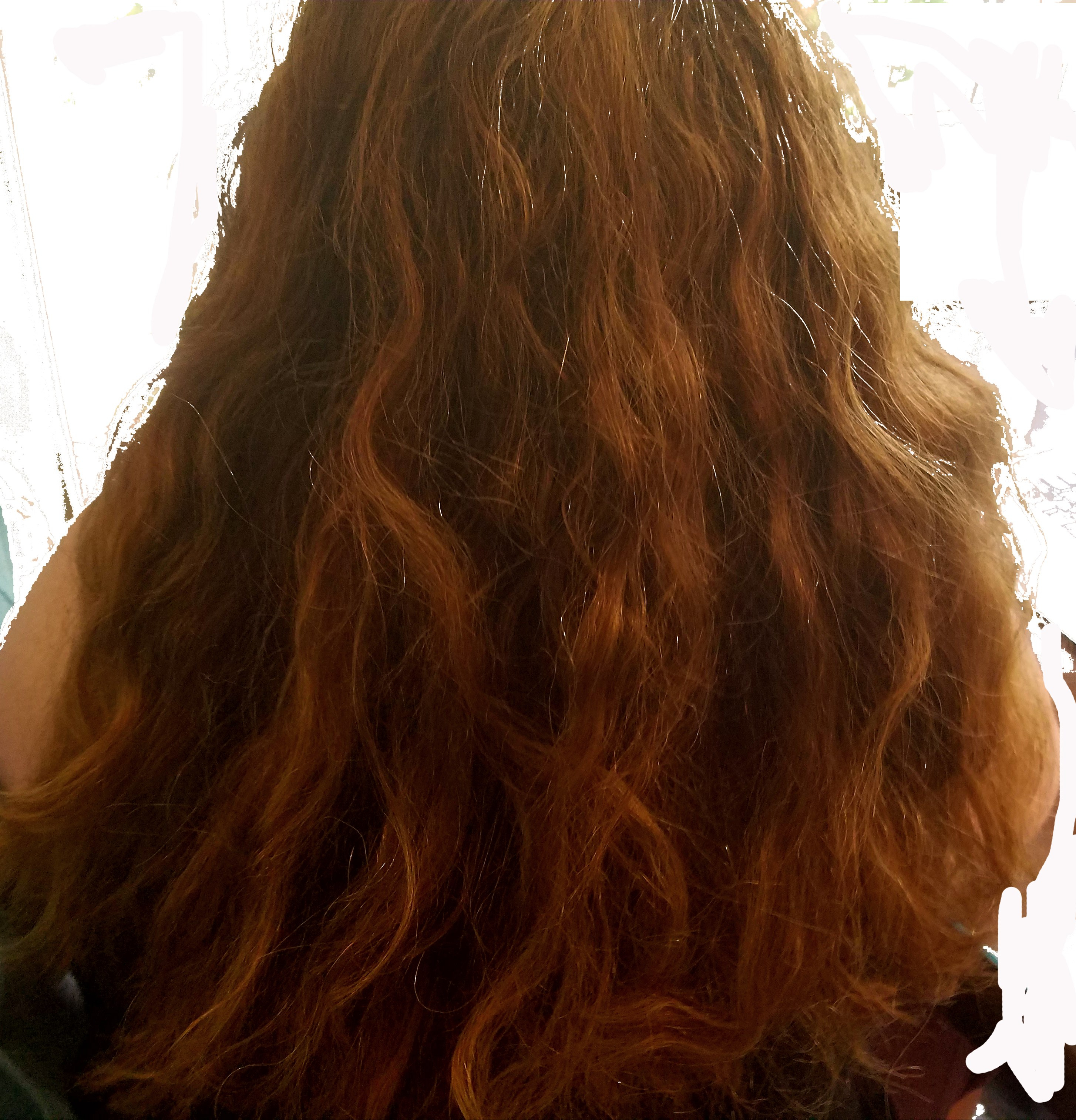 Photograph of back of woman with long red hair